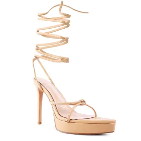 Beige High Heel Lace Up Sandals