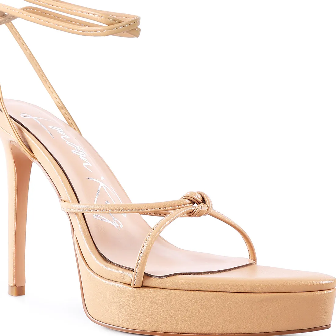 Beige High Heel Lace Up Sandals