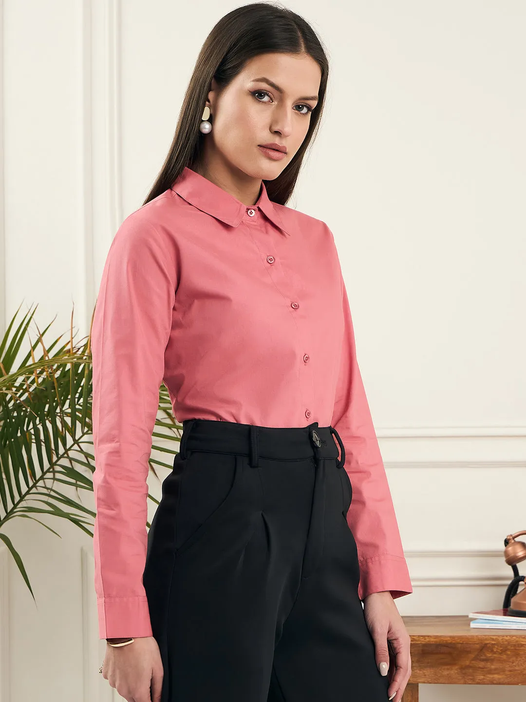 Noi Women Peach Solid Cotton With Full Sleeves Formal Shirt