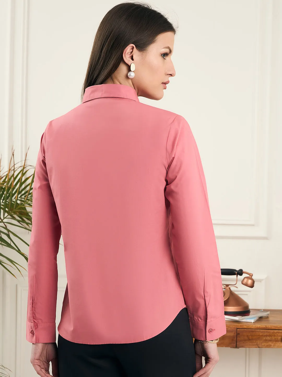 Noi Women Peach Solid Cotton With Full Sleeves Formal Shirt