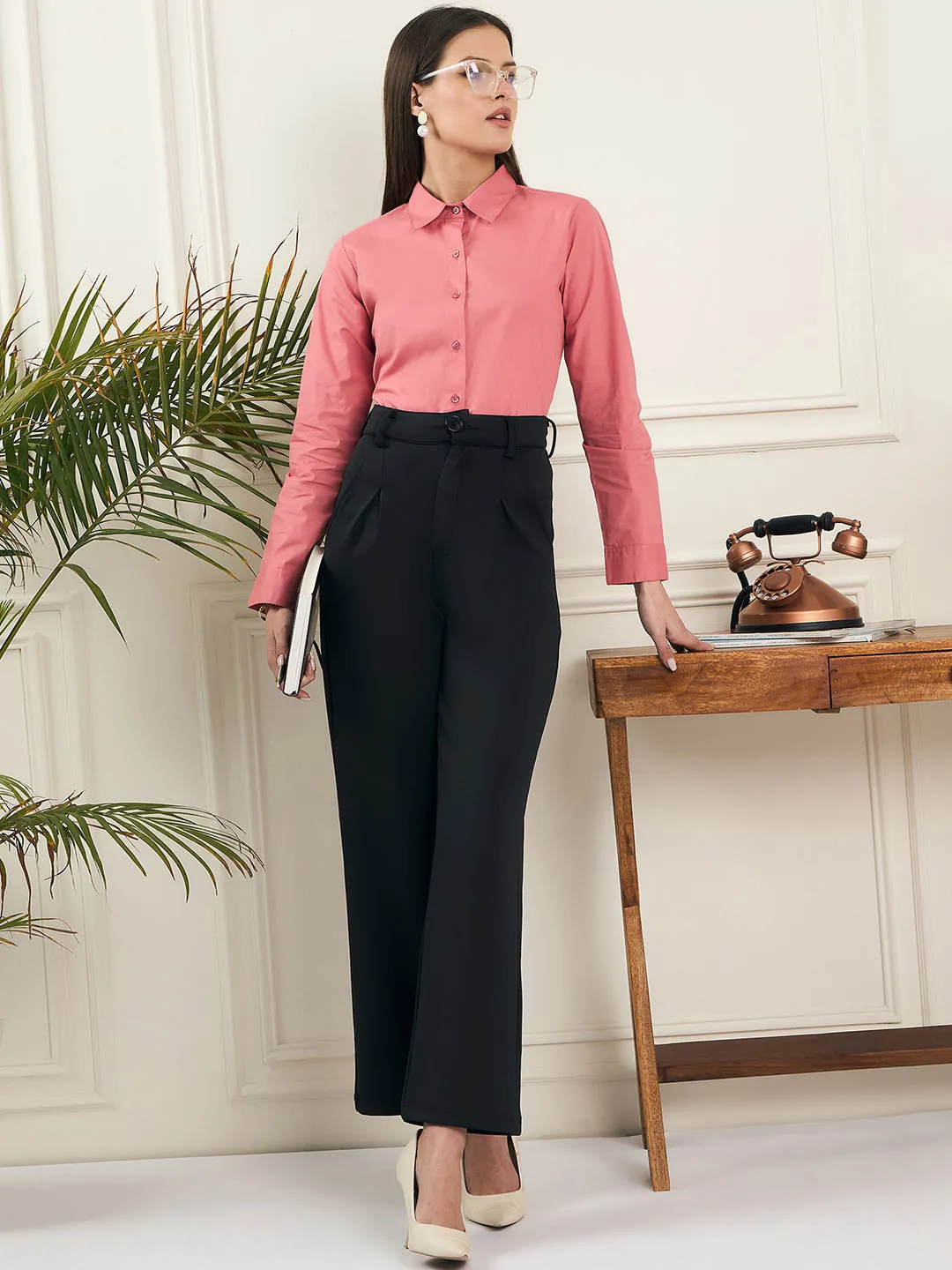 Noi Women Peach Solid Cotton With Full Sleeves Formal Shirt