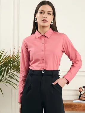 Noi Women Peach Solid Cotton With Full Sleeves Formal Shirt