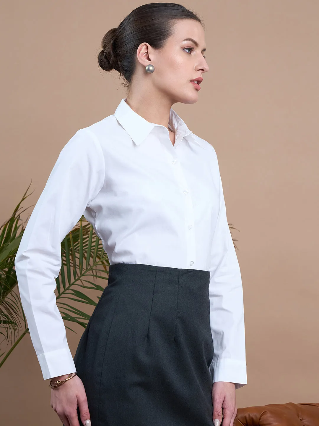 Noi Women White Solid Cotton With Full Sleeves Formal Shirt