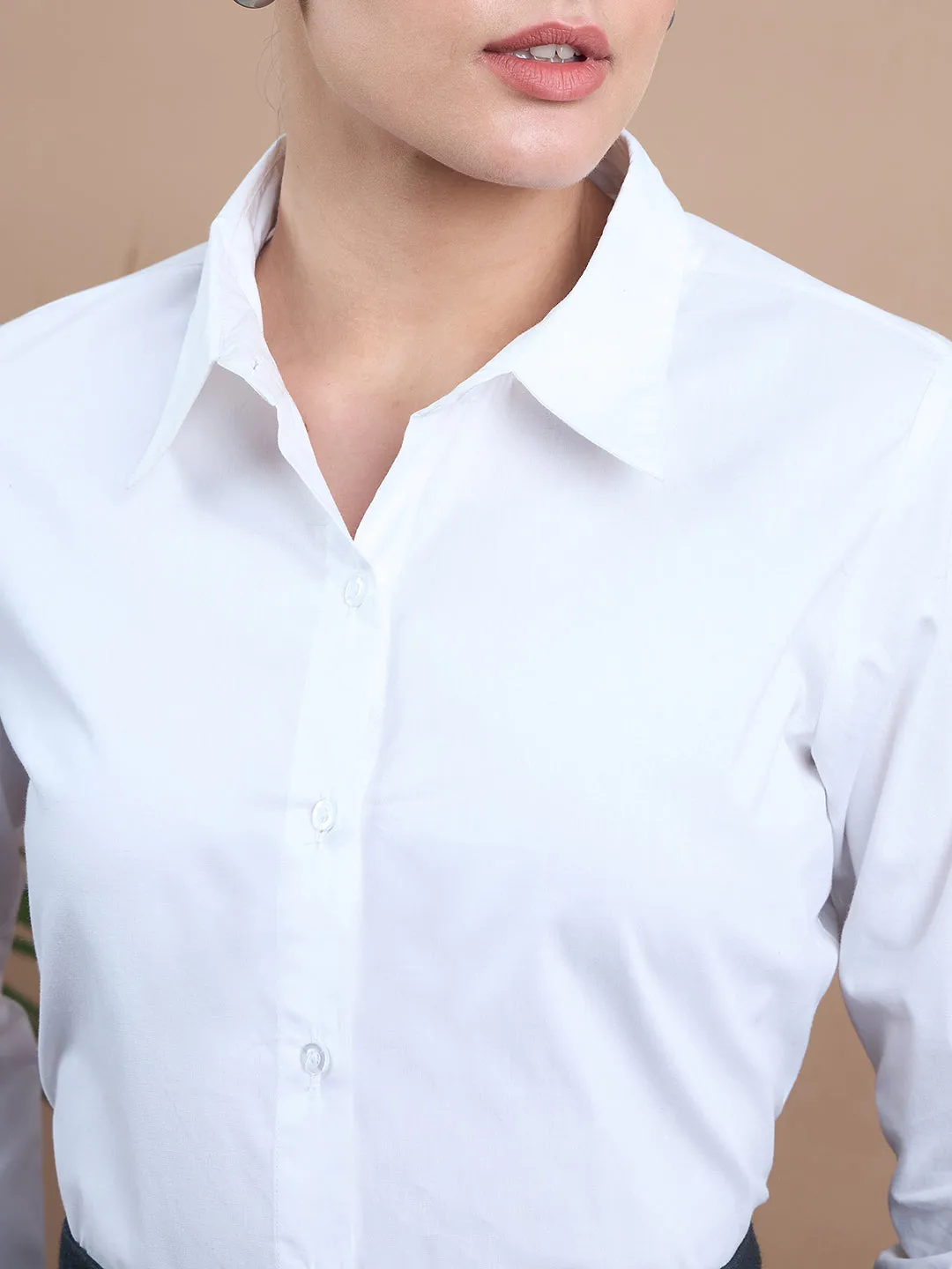 Noi Women White Solid Cotton With Full Sleeves Formal Shirt
