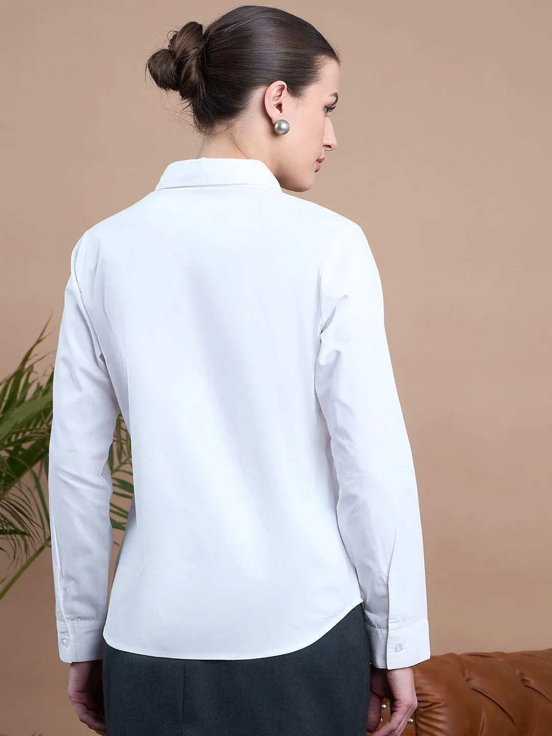 Noi Women White Solid Cotton With Full Sleeves Formal Shirt
