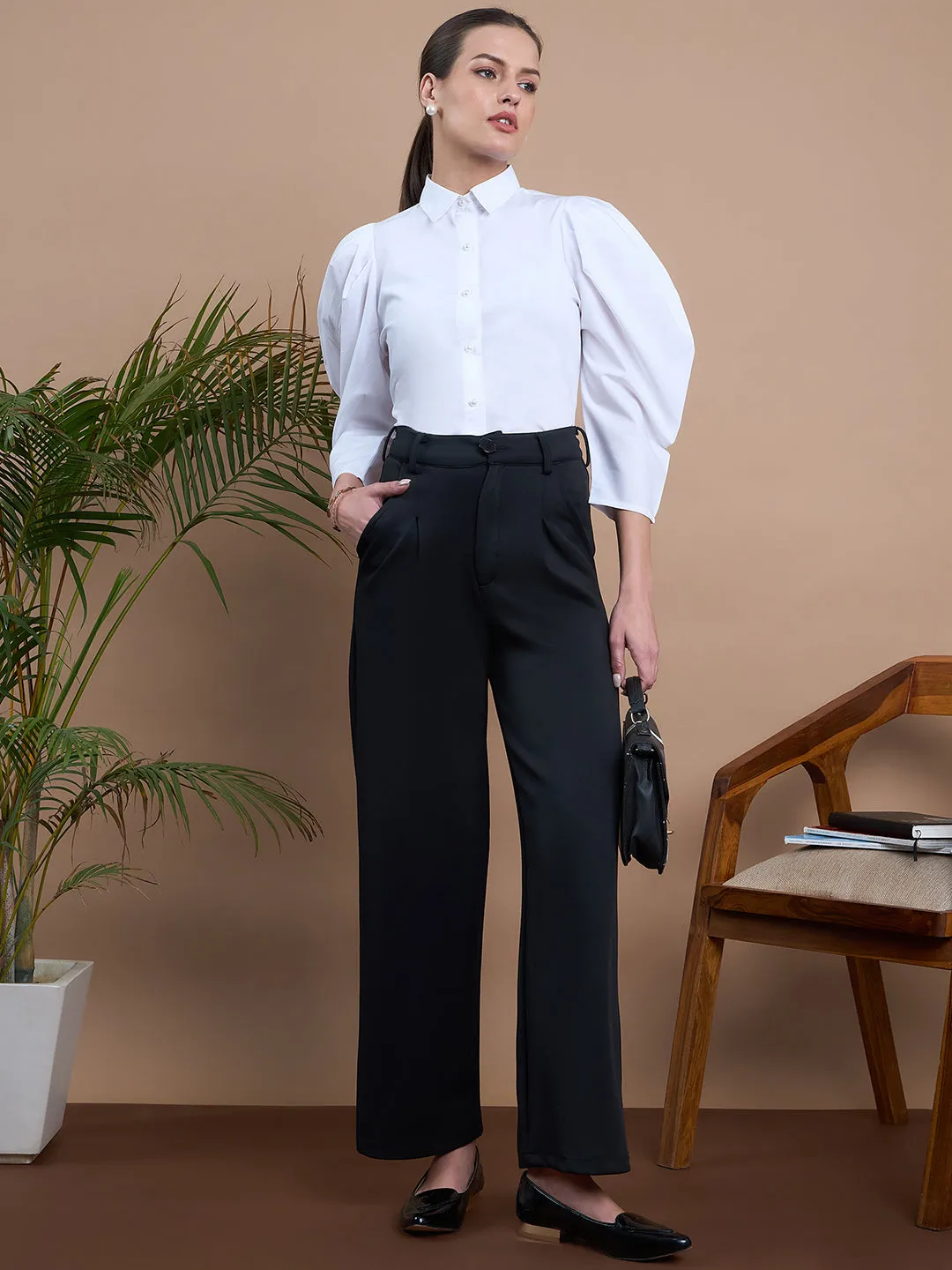 Noi Women White Solid With Full Sleeves Formal Shirt