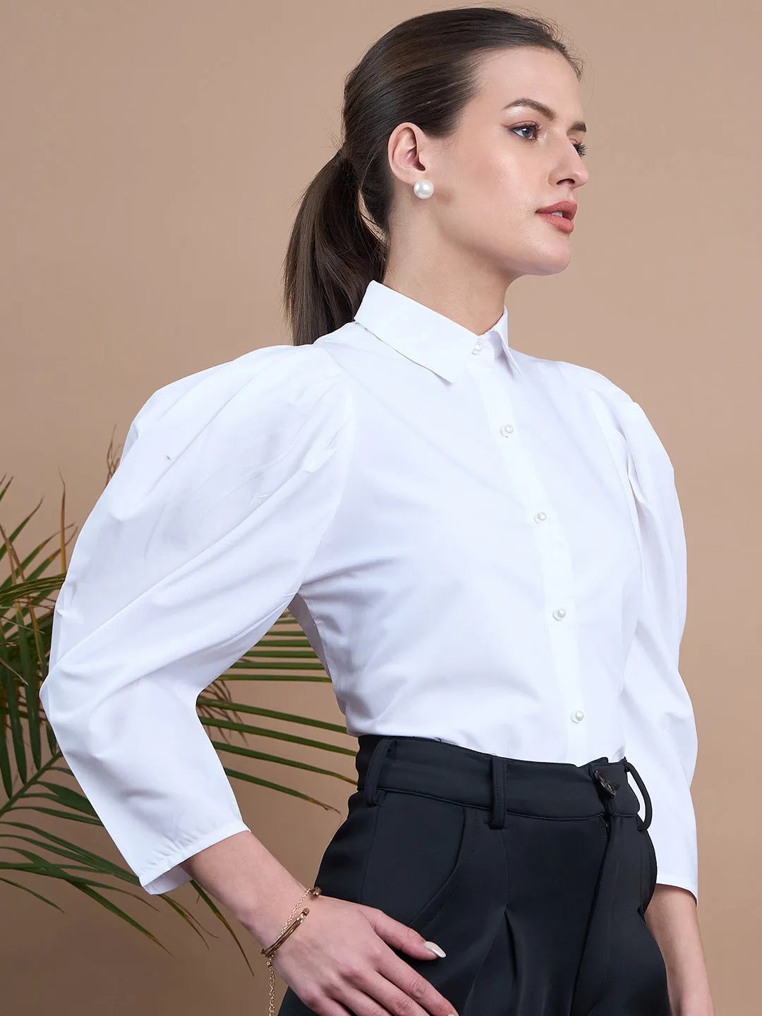 Noi Women White Solid With Full Sleeves Formal Shirt