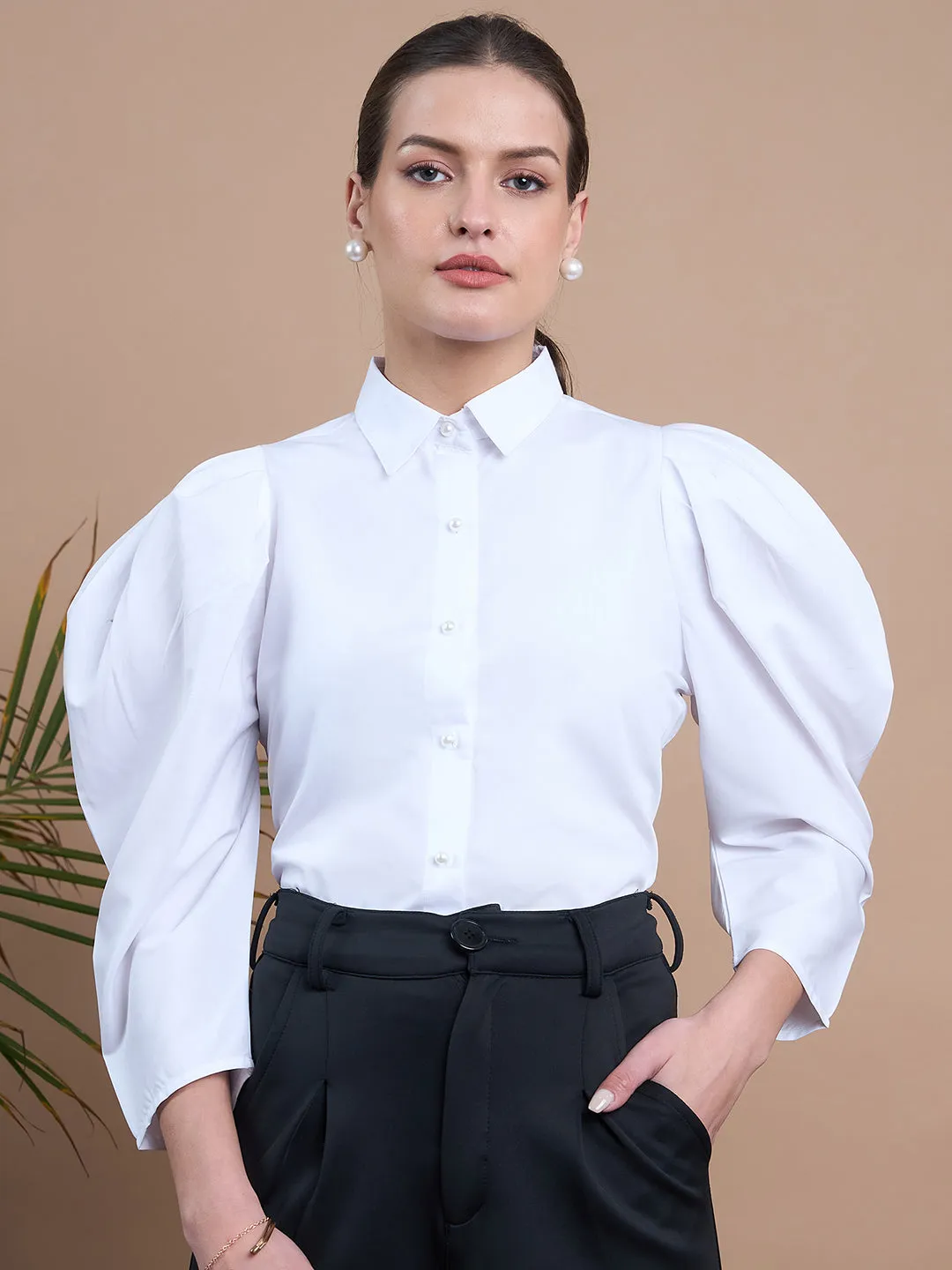 Noi Women White Solid With Full Sleeves Formal Shirt