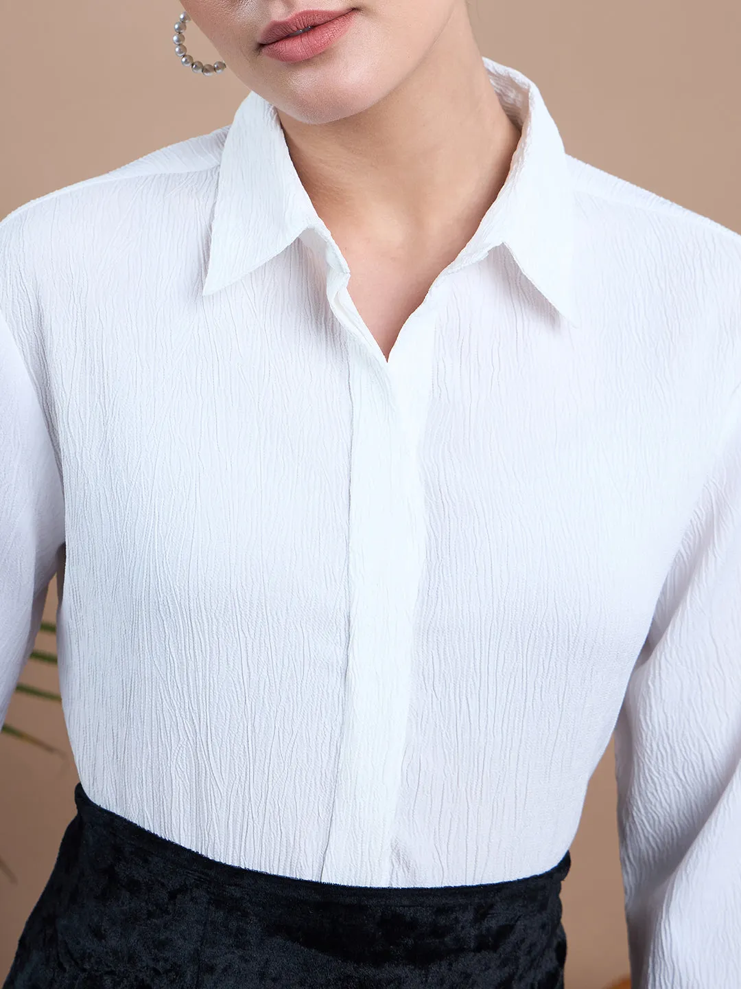 Noi Women White Solid With Three-Fourth Sleeves Formal Shirt