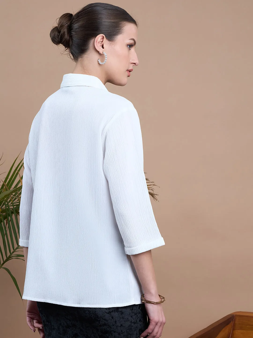 Noi Women White Solid With Three-Fourth Sleeves Formal Shirt