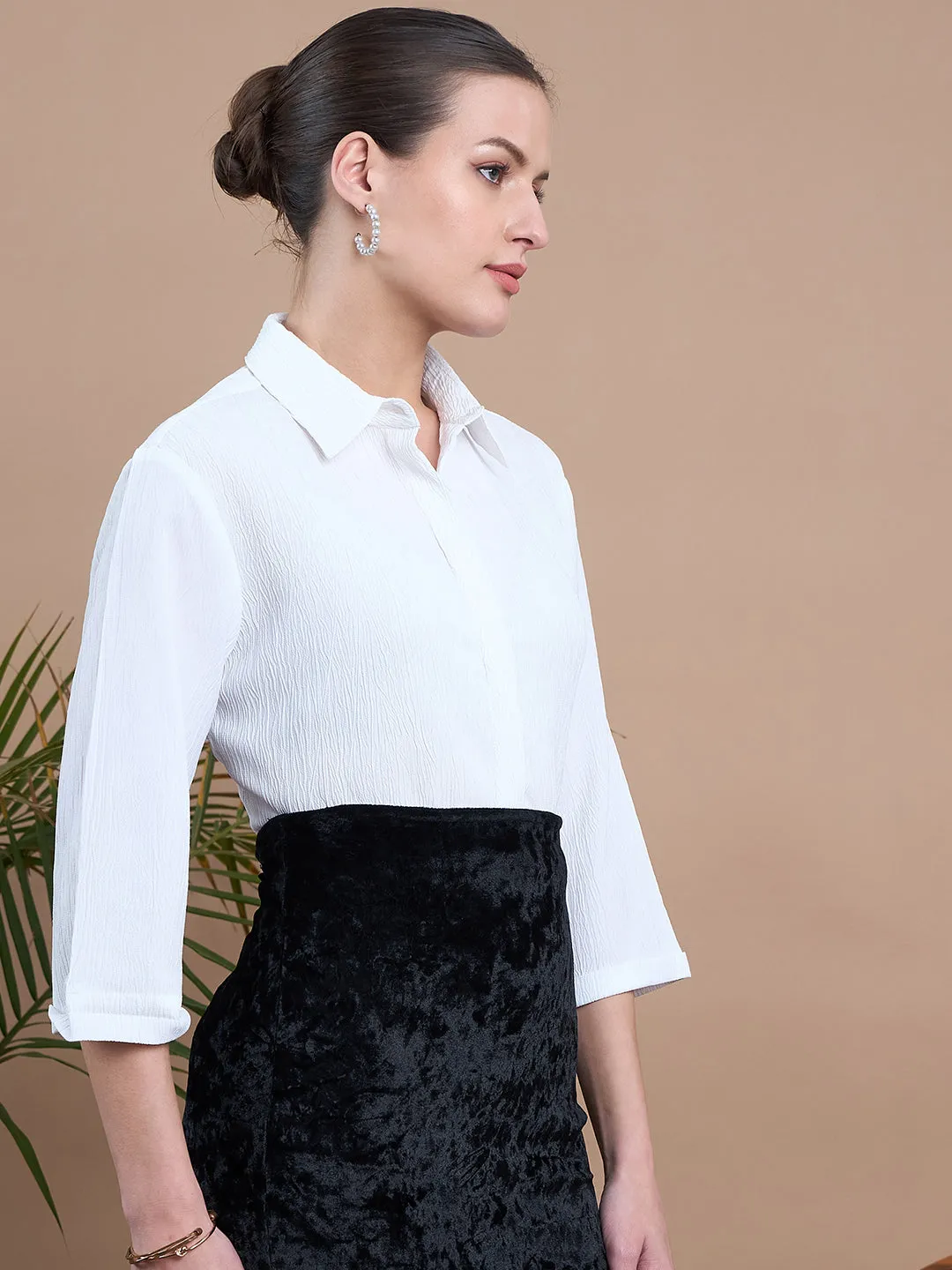 Noi Women White Solid With Three-Fourth Sleeves Formal Shirt